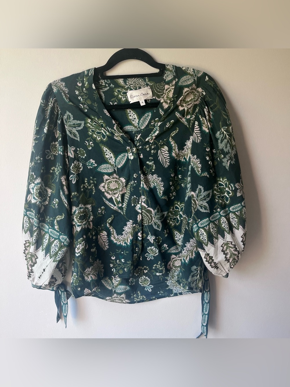 Cara Cara Green Floral Costal Tie-Sleeve Blouse